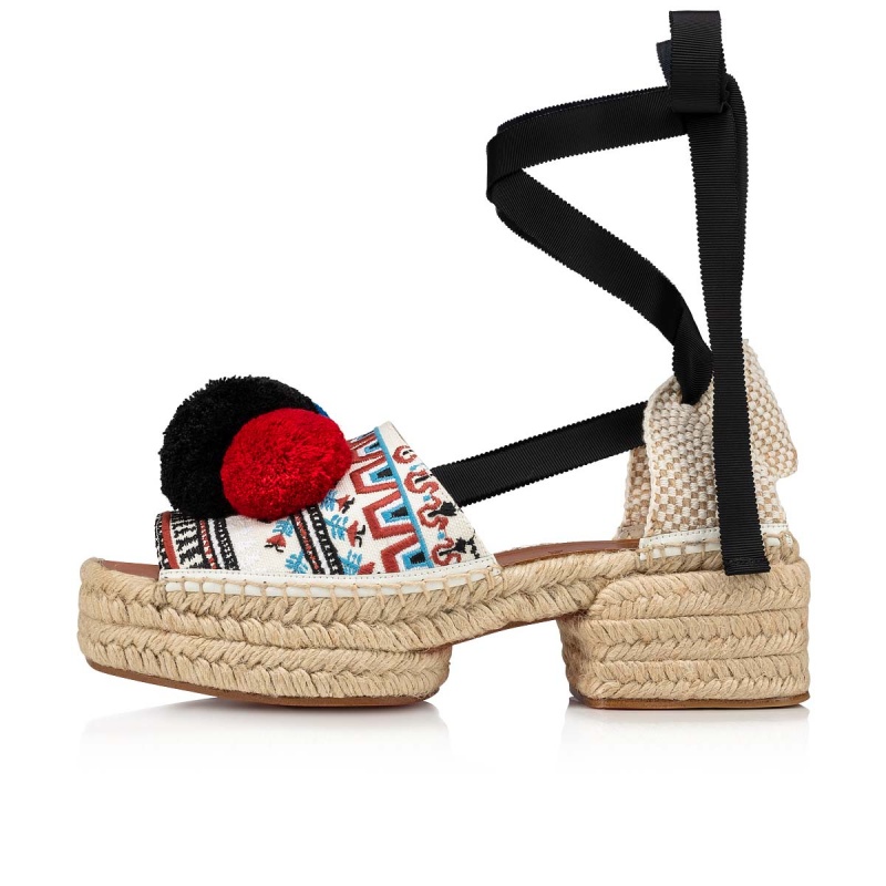 Zapatos Cuña Christian Louboutin Cycladiblanca 60 mm Alpargata Vers Latte / Bk / Naturel | KOE-683472