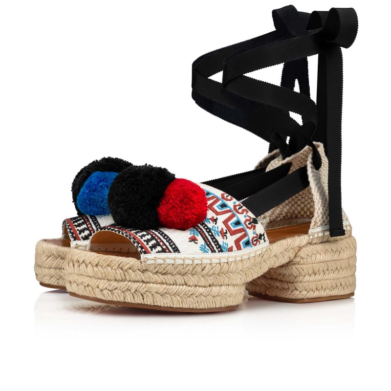 Zapatos Cuña Christian Louboutin Cycladiblanca 60 mm Alpargata Vers Latte / Bk / Naturel | KOE-683472