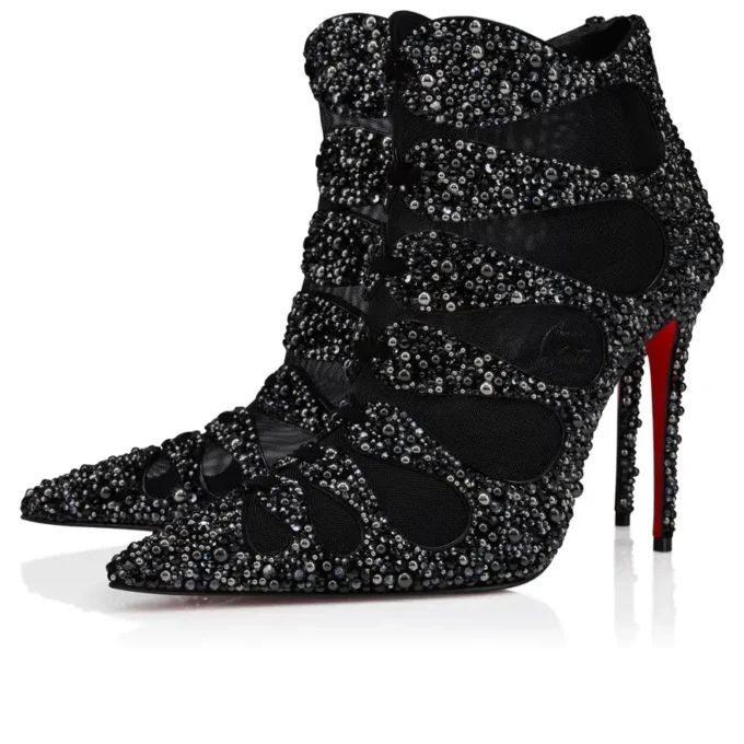 Circus Max Perla – Botas de 100 mm – Piel de gamuza, malla y strass – Negro – Mujer