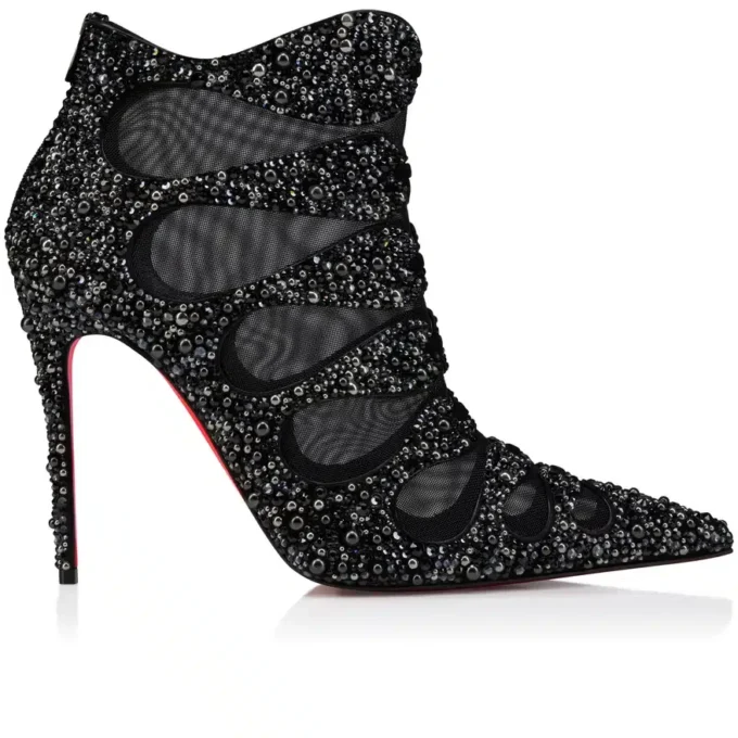Circus Max Perla – Botas de 100 mm – Piel de gamuza, malla y strass – Negro – Mujer