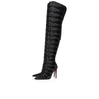 Circus Max Perla Botta Alta – Botas altas de 100 mm – Piel de gamuza, malla y strass – Negro – Mujer Christian Louboutin Estados Unidos