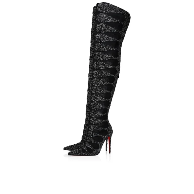 Circus Max Perla Botta Alta – Botas altas de 100 mm – Piel de gamuza, malla y strass – Negro – Mujer Christian Louboutin Estados Unidos