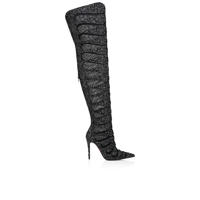 Circus Max Perla Botta Alta – Botas altas de 100 mm – Piel de gamuza, malla y strass – Negro – Mujer Christian Louboutin Estados Unidos