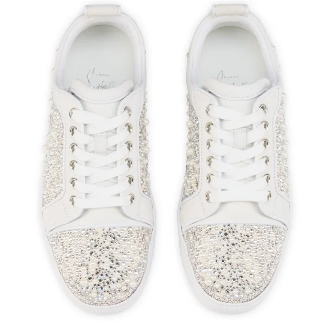 Louiseperla – Zapatillas – Satén crepé, piel de becerro, strass y perlas – Blanco – Mujer