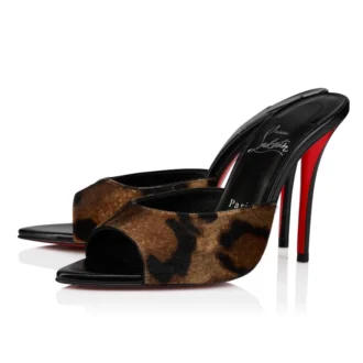 Mule Miss Z – Mules de 100 mm – Piel de becerro peluda estampada «Bengali», piel de cabrito y piel brillante – Marrón – Mujer
