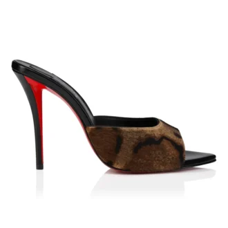 Mule Miss Z – Mules de 100 mm – Piel de becerro peluda estampada «Bengali», piel de cabrito y piel brillante – Marrón – Mujer