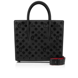 Paloma mediana – Bolso de Asa Superior – Piel de becerro granulada y tachuelas Loubinthesky – Negro